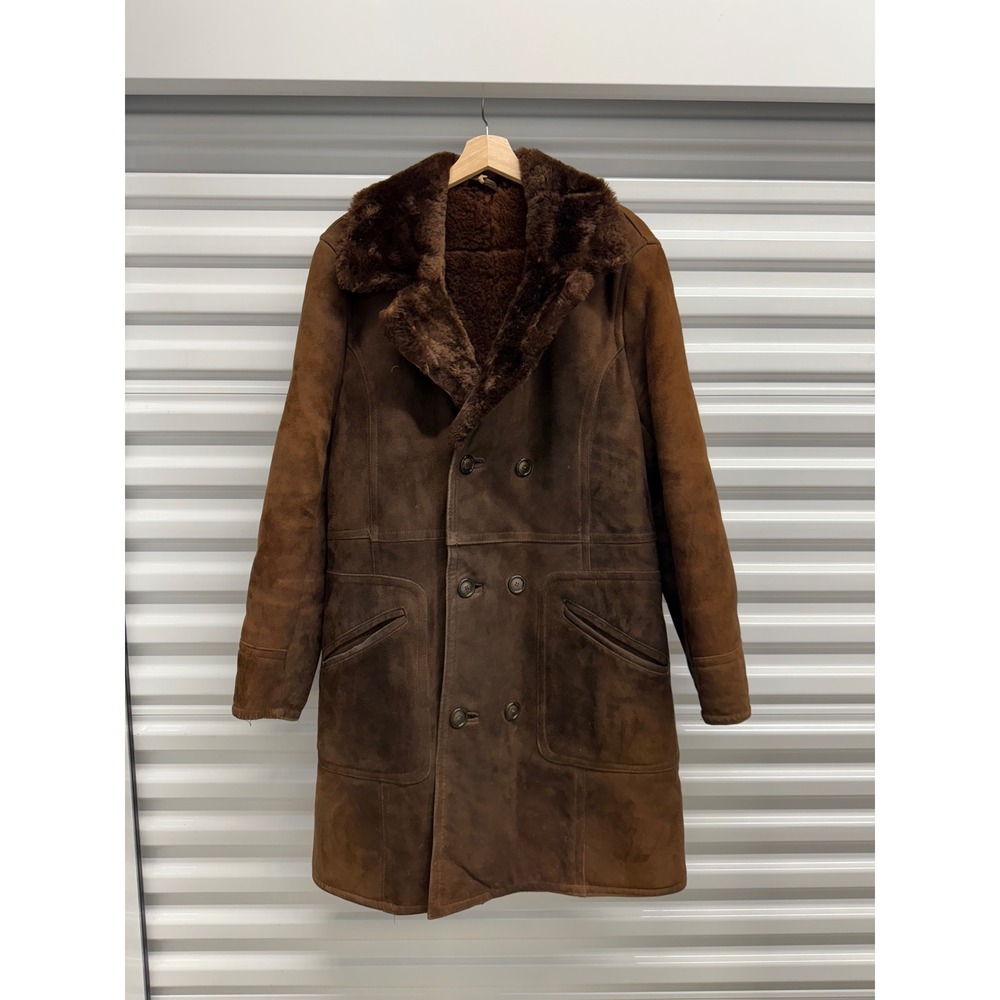 Vintage Brown Shearling Sheepskin Coat Double Breasted Faux Fur Collar Size 50 - Picture 1 of 7